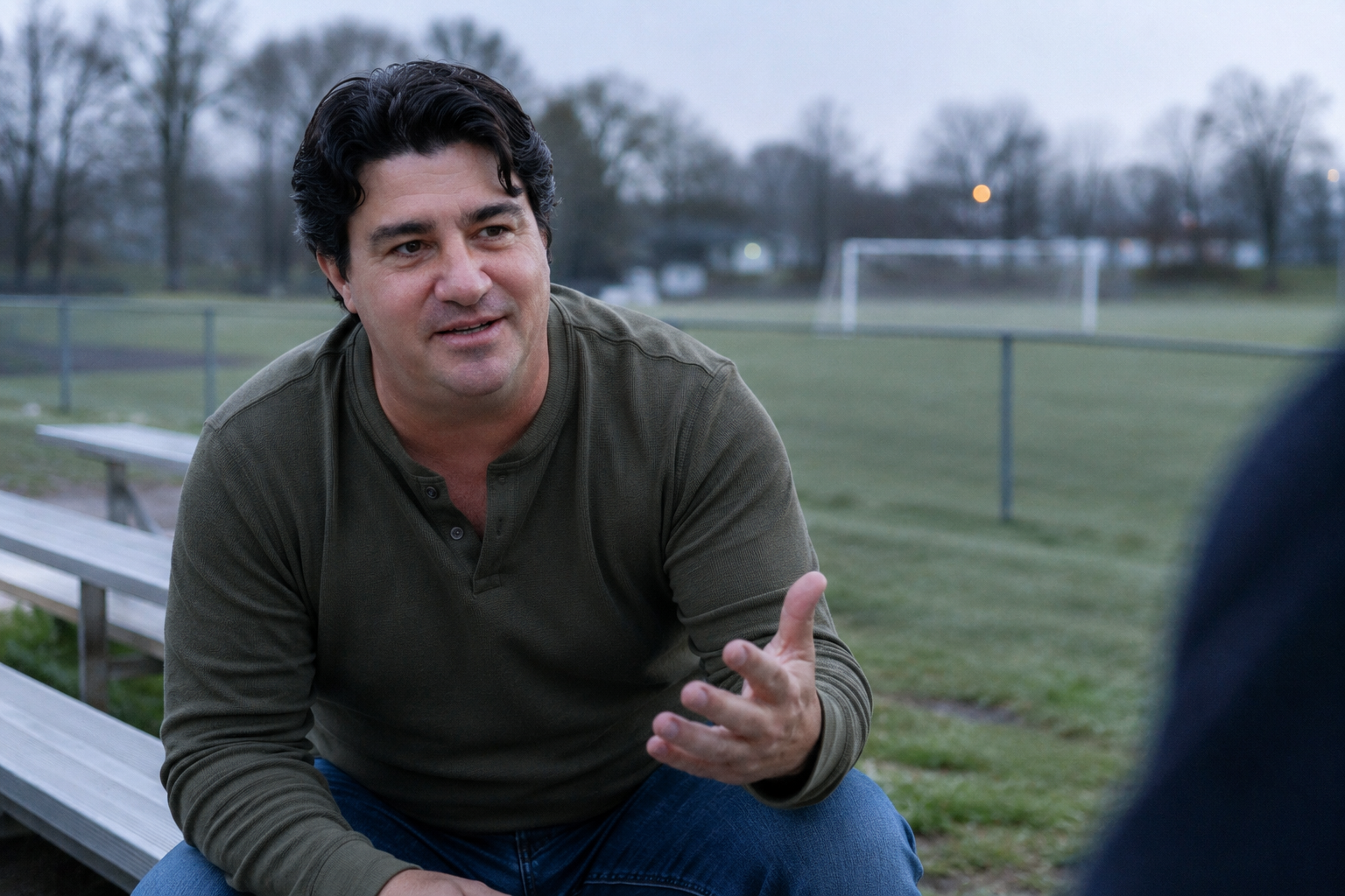 Vinny in conversation on the bleachers