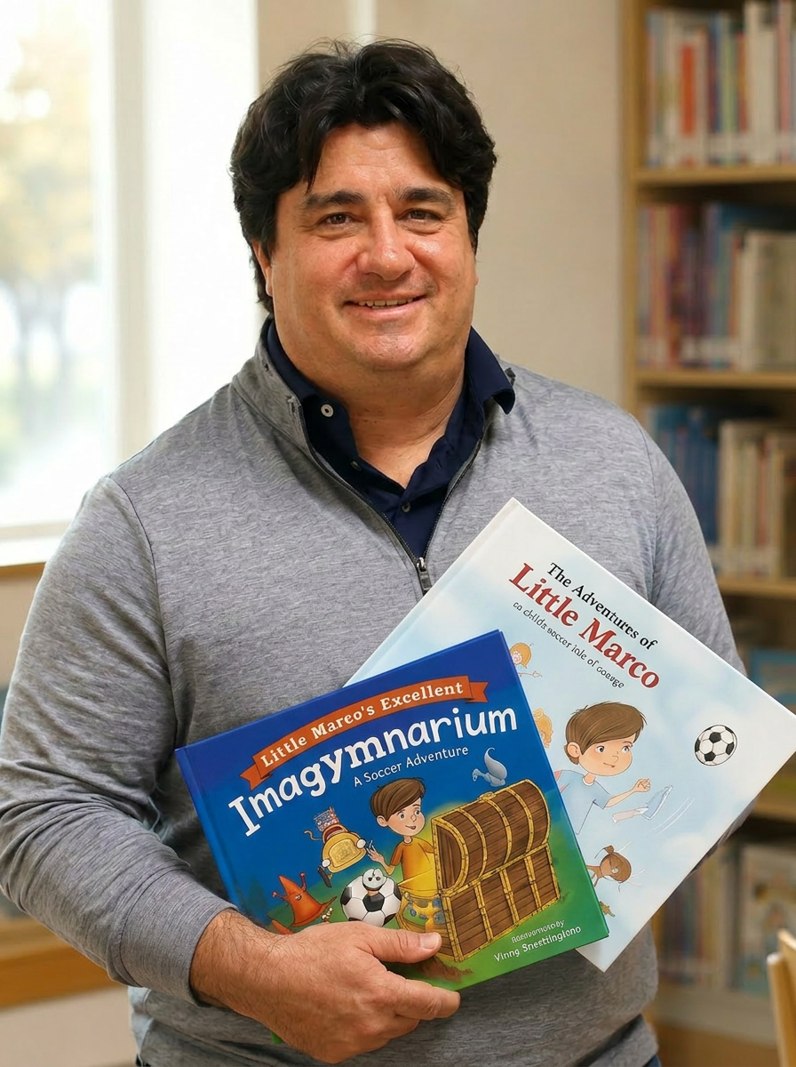 Vinny Marco holding his children's books in a school library