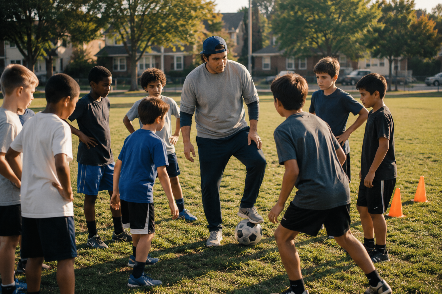 Vinny Marco running drills with kids on the field